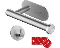 Wonix® - WC Rolhouder - Toiletrolhouder en Haak - Zonder Klep - Zelfklevend - Zonder Boren - RVS - Zilver