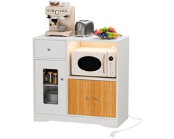 Wood Corner Sideboard with Charging Station (2AC/2USB) - Buffet Cabinet with Microwave Shelf, Drawer & 2 Doors, LED Light & EU Plug, White-Brown for Kitchen Living Room