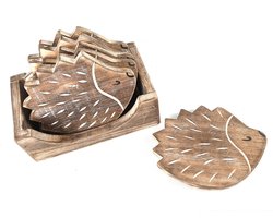 Woodart Houten Onderzetters Egels 6 stuks – Natural – Set met Houder – Egel Onderzetters – Tafelbescherming – Dieren Woondecoratie