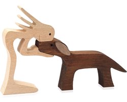 Wooden Figures Sculpture Ornaments Set - Abstract Style People with Dog Statue Wood Carvings for Home Office Bedroom (Woman and Dog)