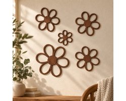 Wooden Wonder Craft Line Art - Houten Wanddecoratie - bloemen set van 5 - Walnoot - Minimalistisch