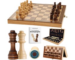 Woodley Luxe Houten Schaakbord - Opvouwbare schaakset met schaakstukken - Schaakspel - Bordspel - Magnetisch schaakbord - Extra Koningin - Chess set - 40cm - Complete set van beginner tot expert - Inclusief strategieboekje
