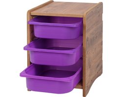 WoodWorks Kinder Opbergkast met 3 Paarse Bakken – Speelgoedkast Hout – Opbergmeubel Kinderkamer – 35,5 × 43 × 50,5 cm