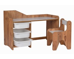 WoodWorks Kinderbureau met stoel – MDF hout – Inclusief 3 witte plastic lades – Walnoot/Wit – Voor kinderen 2-6 jaar