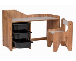 WoodWorks Kinderbureau met stoel – MDF hout – Inclusief 3 zwarte plastic lades – Walnoot/Wit – Voor kinderen 2-6 jaar
