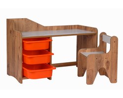 WoodWorks Kinderbureau met stoel – MDF hout – Kindertafel inclusief 3 oranje plastic lades – Walnoot/Wit – Voor kinderen 2-6 jaar