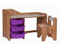 WoodWorks Kinderbureau met stoel – MDF hout – Kindertafel inclusief 3 paarse plastic lades – Walnoot/Wit – Voor kinderen 2-6 jaar