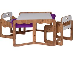 WoodWorks Kindertafel met 2 Stoelen en 2 Paarse Opberglades – MDF Walnoot/Wit – 2-Persoons Speel- & Knutseltafel met Opbergruimte – Voor Kinderen 2-6 Jaar