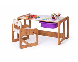 WoodWorks Kindertafel met Stoel en Paarse Opberglade – MDF Walnoot/Wit – 1-Persoons Speel- en Knutseltafel met Opbergruimte – Voor Kinderen 2-6 Jaar