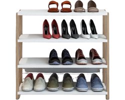 WoodWorks Schoenenrek 4-Laags – Multifunctionele Opbergkast – Wit/Hout – Voor Schoenen, Planten & Accessoires - 65x25x64,5 CM