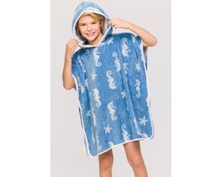 Woody badcape unisex – blauw – zeepaardjes all-over print – 241-10-BCA-B/918 – maat 92-116