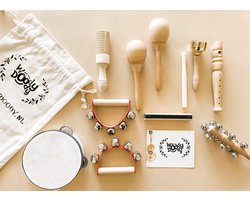WoodyDoody Montessori Speelgoed Muziek Duurzaam Hoogwaardig Houten Speelgoed Instrumenten Set - Educatief Speelgoed Muziek Set 14 Delig van HOOGWAARDIG Hout - Leren Instrumenten Spelen Set – Leerzame Spellen - incl Linnen Opbergtas
