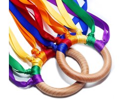 WoodyDoody Regenboog Ring 1 stuk Buitenspeelgoed Rammelaar Bijtspeelgoed Strandspeelgoed van Hout Speelgoed Ringen met Regenboog Lintjes Speelgoed Kinderen - Houten Speelgoed Baby Peuter Speelgoed