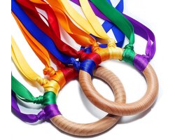 WoodyDoody Regenboog Ring 1 Stuks Buitenspeelgoed Rammelaar Bijtspeelgoed Strandspeelgoed van Hout Speelgoed Ringen met Regenboog Lintjes Speelgoed Kinderen - Houten Speelgoed Baby Peuter Speelgoed