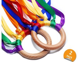 WoodyDoody Regenboog Ring SET 2 Stuks Buitenspeelgoed Rammelaar Bijtspeelgoed Strandspeelgoed van Hout Speelgoed Ringen met Regenboog Lintjes Speelgoed Kinderen - Houten Speelgoed Baby Peuter Speelgoed