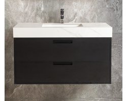 WOON-DISCOUNTER.NL - Altira 100 - Mat zwart - Badmeubel - - 301591-onderkast zwart-wastafel marmer