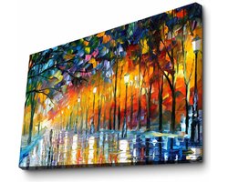 Woondecoratie - Leonid Afremov 'Misty Mood in the Park' Suede Canvas Schilderij - 70x100x3cm - Veelkleurig Kunstwerk voor Thuis