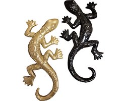 Woondecoratie - tuindecoratie hagedis - wanddecoratie salamander - polystone -set van twee -goud en zwart - 24 cm lang