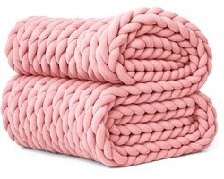 Woondeken grof gebreid roze - 180x100 - chunky plaid - deken - katoen en polyester - dik materiaal - wasbaar