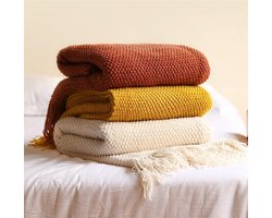 Woondeken, zacht, gebreide wollen deken, kwastjes, boho-deken, knuffeldeken, sofadeken, woondeken, deken voor bank, bed, bank, stoel, karamel, 130 x 200 cm