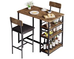 Woongenotonline - Ruimtebesparende eettafelset -bartafel & gestoffeerde stoelen - 3 grote opbergplanken - perfect voor kleine keuken of ontbijthoek