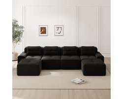 Woonkamer 4-zits bank - modulaire U-vormige chaise longue bank - corduroy wolkenbank - geen montage nodig - antislip ontwerp - zwart