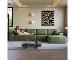Woonkamer Hoekbank, 4-Zits bank, L-Bank, 340 cm Lange Modulaire Hoekbank Zonder Frame Met L-Vormige Chaise Longue, Moderne Modulaire Bank Met Diepe Zitting, Geen Montage Nodig, Compressiebank Voor Woonkamer, Slaapkamer, Appartement-Groente