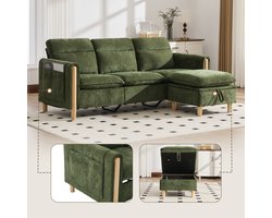 Woonkamer Hoekbank, L-Bank, 3-Zits bank, Driezitsbank In Scandinavische Stijl Met Opbergpoef, L-Vormige Stoffen Bank Met Zijvakken En Houten Tafelpoten, Ideaal Voor Woonkamers En Kleine Ruimtes-Groente