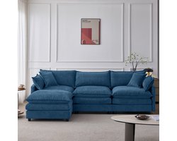 Woonkamer Hoekbank, L-Bank, 3-Zits bank, Modulaire Hoekbank Van Hoogwaardig Chenille – 3‑Zits Met Chaise Longue En Poef, Comfortabele L‑Vormige Bank Voor Kleine Appartementen, Woonkamers En Lounges,Blauw