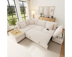Woonkamer Hoekbank, L-Bank, 5-Zits bank, L‑Vormige Hoekbank, Modulair 6‑Zits Met Omkeerbare Slaapfunctie (Links/Rechts); Uitschuifbare Slaapbank; Verplaatsbare Opbergpoef; USB/Type‑C‑Poorten; 3 Kussens; Chenillestof,Beige