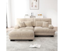 Woonkamer hoekbank, met 2 lendekussens en 2 sierkussens, tweezitsbank met brede armleuningen en voetenbank, lichte koffie