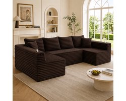 Woonkamer Hoekbank, Moderne U-Bank, 4-Zitsbank, U-vormige Corduroy Bank met Bekerhouders en Zijvakken, Verende Vulling, 4 Rugkussens en 2 Sierkussens, Ergonomisch Ontworpen voor Comfortabel Langdurig Zitten-Brown