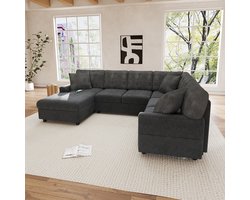 Woonkamer Hoekbank, U-Bank, 4-Zits Bank, Moderne U-Vormige Hoekbank Met 1 Chaise Longue, 3 Kussens, 1 Usb-Poort En 1 Type-C-Poort, Armleuningen Met Tijdschriftenvakken (Afmetingen: B249 × H83 × D196 cm)-Zwart