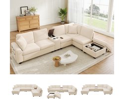 Woonkamer Hoekbank, U-Bank, 4-Zits bank, Modulaire U-/L-Vormige Hoekbank, 6 Zitplaatsen, Met Opbergpoef, Verplaatsbare Middenconsole Met 2 Bekerhouders, USB/Type-C-Poort, Verborgen Vakken En Armleuningzakken, Corduroy Stof -Beige