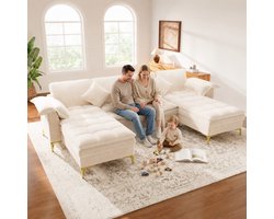 Woonkamer Hoekbank, U-Bank, 4-Zits bank, U-Vormige Hoekbank, Modulair Ontwerp Voor 4 Personen Met Wolkachtig Design En Dubbellaagse Schuimkussens, Inclusief 2 Chaise Longues, 2 Kussens, Gouden Metalen Poten, Chenille Bekleding, Beige