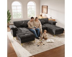 Woonkamer Hoekbank, U-Bank, 4-Zits bank, U-Vormige Hoekbank, Modulair Ontwerp Voor 4 Personen Met Wolkachtig Design En Dubbellaagse Schuimkussens, Inclusief 2 Chaise Longues, 2 Kussens, Gouden Metalen Poten, Chenille Bekleding, Grijs