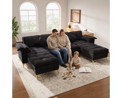 Woonkamer Hoekbank, U-Bank, 4-Zits bank, U-Vormige Hoekbank, Modulair Ontwerp Voor 4 Personen Met Wolkachtig Design En Dubbellaagse Schuimkussens, Inclusief 2 Chaise Longues, 2 Kussens, Gouden Metalen Poten, Chenille Bekleding, Zwart