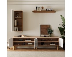 Woonkamer meubelset - 3-delig - inclusief hoge kast - kast - wandplank - Witte en houten gesneden deurpanelen