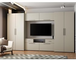 Woonkamer wandkast 330 x 189 x 54 cm – Moderne kastwand met 2 kledingkasten, RTV-kast en opberguitbreiding – Kasjmier Beige – Aurora Living Wall – Abkantoor