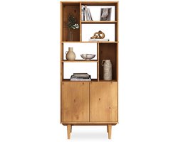 Woonkamerkast SIMONA met open vakken, eiken look - moderne houten plank Scandinavisch design met deuren en opbergruimte Woonkamerkast design boekenplank