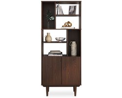 Woonkamerkast SIMONA met open vakken, walnoot look- moderne houten plank Scandinavisch design met deuren en opbergruimte Woonkamerkast design boekenplank