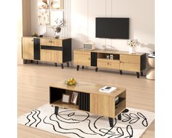 Woonkamermeubel Set 3-delig - Salontafel, TV-meubel & Bijzetkast - Modern design in hout en zwart - Met LED-verlichting - Hout + Zwart