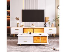 Woonkamerset met tv meubel en salontafel - Modulair design - 170 cm tv-kast en 100 cm tafel - Wit en goud - Deuren van gehard glas - Marmerlook blad - App-gestuurde LED-verlichting