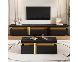 Woonkamerset – TV Meubel – Salontafel – Lowboard – Opbergmeubel – Zwart-Wit Marmerlook – Gouden Accenten – Hoogglans Afwerking – Geschikt voor TV tot 90 Inch