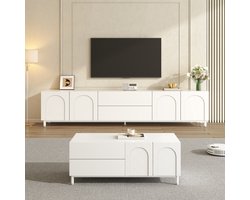 Woonkamerset Wit 180 cm - tv meubel 180x40x48 cm en salontafel 100x50x39,5 cm - Gebogen deuren - Stalen poten - Opbergruimte