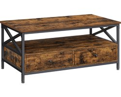 woonkamertafel met laden, 100 x 55 x 45 cm, sofatafel, voor in de woonkamer, X-vormige schragen, open plank, industrieel ontwerp, vintage bruin-zwart LCT201B01