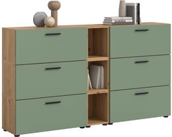 Woonkast-combinatie in artisan eik en rookgroen - Moderne woonwand met wielen - 176x99cm