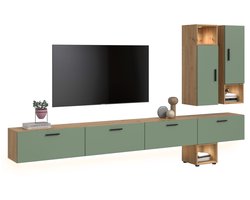 Woonkast met Ingebouwde Verlichting - Moderne Woonwand in Eik en Groen - 300 cm