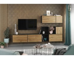 Woonwand 266x129x38 cm – Moderne 7-Delige TV Wandmeubel Set Antraciet & Evoke Eiken met Soft-Close, Modulair Design & Opbergruimte voor Woonkamer – Furnitureland