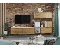Woonwand 266x129x38 cm – Moderne 7-Delige TV Wandmeubel Set Wit & Evoke Eiken met Soft-Close, Modulair Design & Opbergruimte voor Woonkamer – Furnitureland